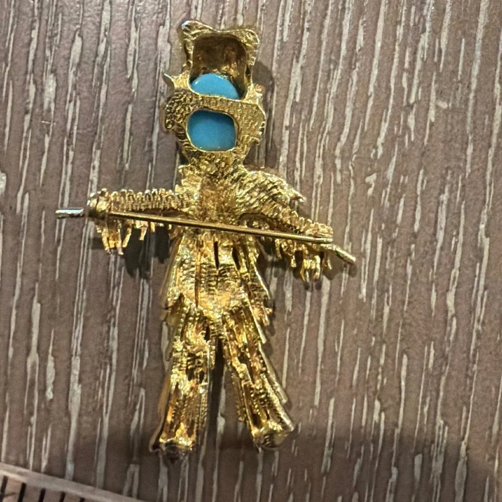 Vintage Gold Tone Scarecrow Brooch Turquoise Cabochon Fall Thanksgiving Pin